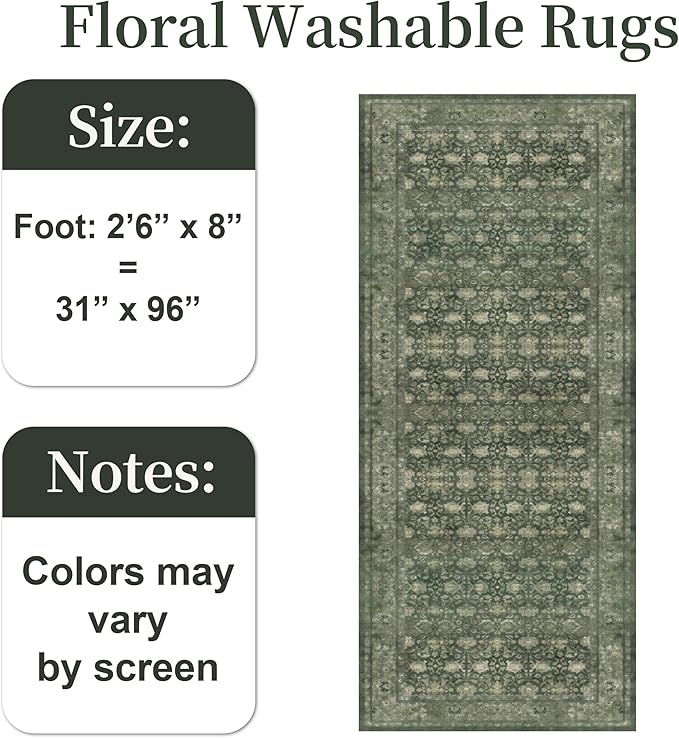 2'6x8' Washable Runner Rug for Hallway, Non Slip Vintage Floral Long Carpet Runners for Entryway, Kitchen, Bathroom, Bedroom, Low Pile Laundry Rugs Rubber Backing (Distressed Green)-BubblyBeeBaby