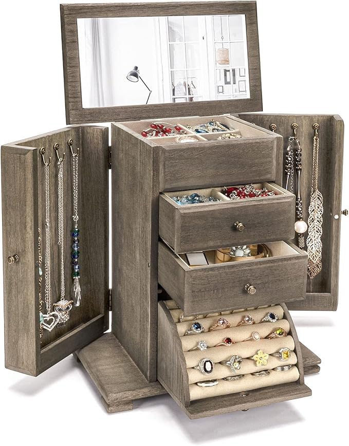 Jewelry Box for Women, Rustic Wooden Jewelry Boxes & Organizers with Mirror, 4 Layer Jewelry Organizer Box Display for Rings Earrings Necklaces Bracelets (Weathered Gray)-BubblyBeeBaby