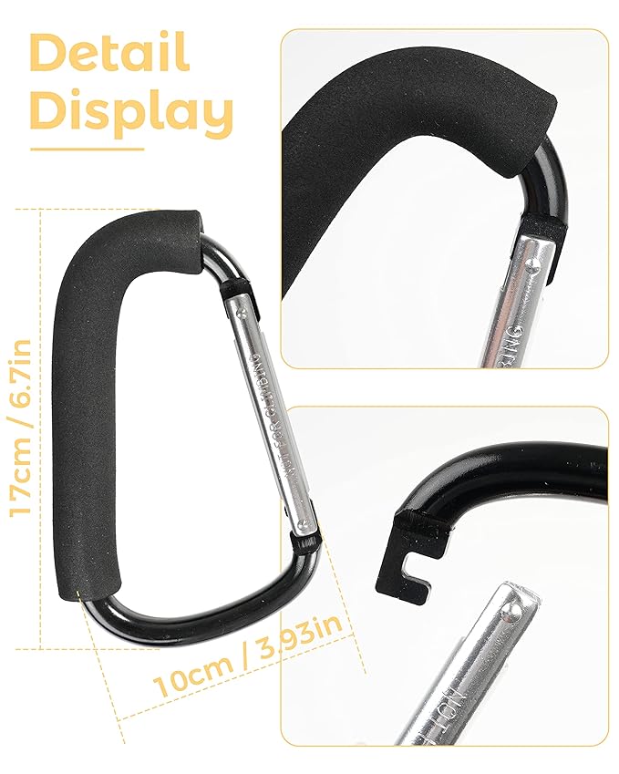 Stroller Hooks, 6.3" Large Stroller Clip, 2 Pack Stroller Hooks for Hanging Bags and Shopping, Stroller Accessories for Mommy, Large Carabiner-BubblyBeeBaby