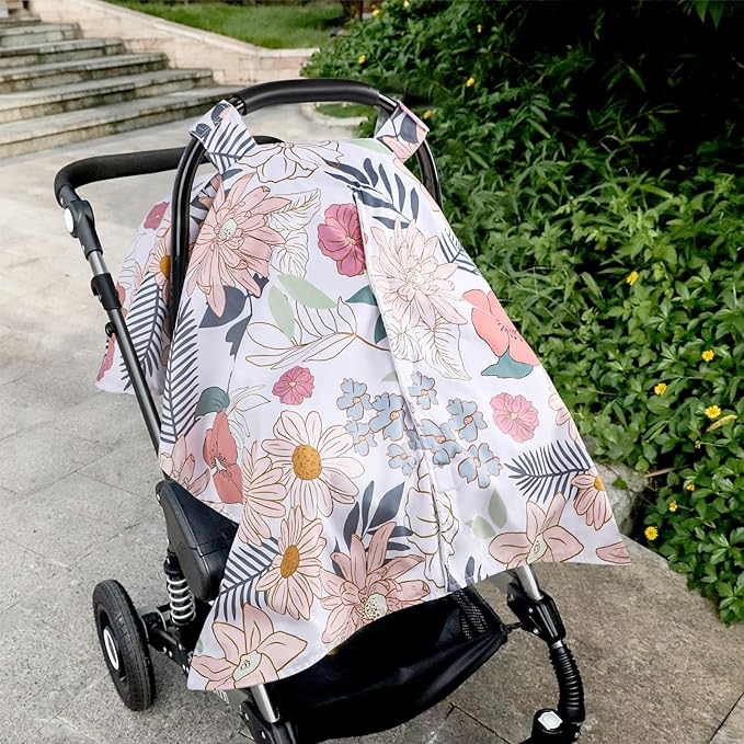 Car Seat Cover Baby, Infant Car Seat Canopy Covers for Newborn Girls Boys, Soft Breathable Minky Carseat Covers Stretchy Multi-Use Nursing Cover for Stroller Baby Car Seat, Daisy Flroal-BubblyBeeBaby