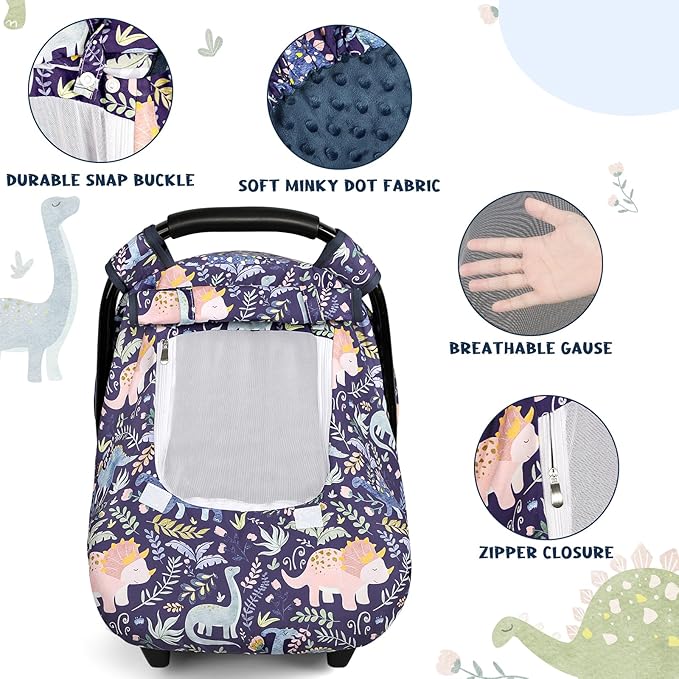 Pea Pod Car Seat Cover Baby, Infant Car Seat Canopy Covers for Newborn with 2 Layers Windows of Breathable Mesh Fabric, Lightweight Polyester/Soft Minky Dot Backing (Dinosaur)-BubblyBeeBaby