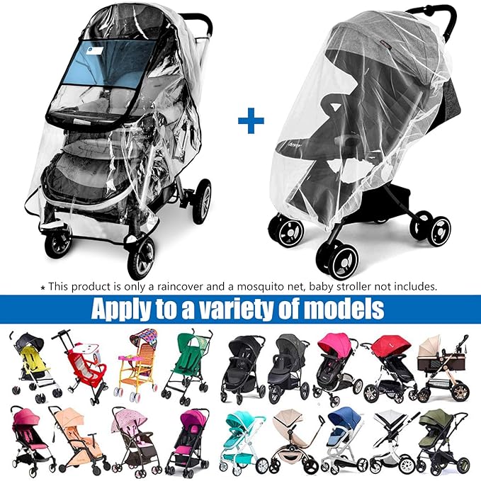 Stroller Rain Cover and Baby Stroller Mosquito Net(2-Piece Set),Universal Stroller Accessory,Waterproof, Windproof Protection,Protect from Dust Snow,Baby Travel Weather Shield-BubblyBeeBaby