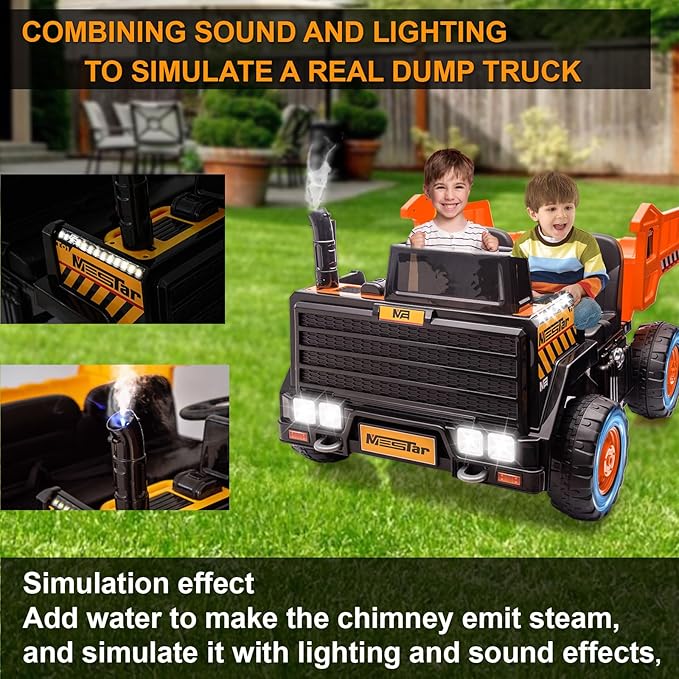 24V Ride On Dump Truck, 24inch-2 Seater Ride On Car for Kids w/Remote Control 4WD/2WD Up to 5 Mph, 24v Ride on Toys for Big Kids w/Electric Dump Bed Extra Shovel Traffic Cones (Orange)-BubblyBeeBaby