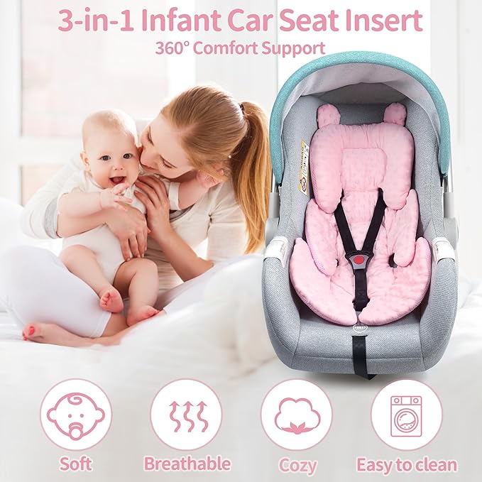3in1 Reversible Carseat Head Body Support Newborn,3D Minnky Infant Car Seat Insert,Extra Soft Breathable Baby Car Seat Pillow Cushion Boys Girls,fit Stroller,Bouncer,Swing(Pink)-BubblyBeeBaby