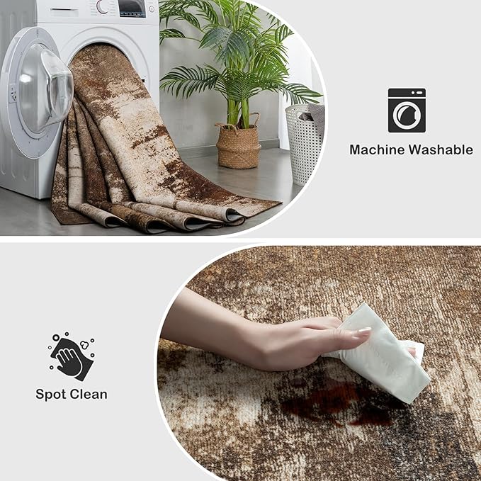 Kelarea Living Room Rug, 9x12 Rug Modern Abstract Washable Rugs, Brown Vintage Low Pile Carpet, Non Slip Large Rugs for Bedroom, Dining Room, College Dorm, Home Office-BubblyBeeBaby