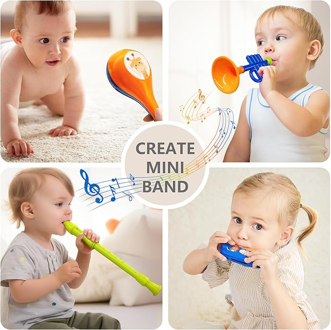 iPlay, iLearn Toddler Musical Instruments Toys, Kids Drum Set, Baby Trumpet, Percussion, Harmonica, Maraca, Flute, Tambourine, Birthday Gifts for 18 Months Olds Ages 2 3 4 5 Years Boys Girls Children-BubblyBeeBaby