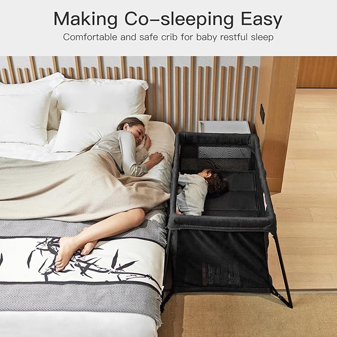 2 in 1 Portable Travel Crib for Toddler, Foldable Crib for Baby, Lightweight Playpen Collapsible Playard with Soft Mattress, Easy to Carry Baby Travel Bed for Outdoor, Indoor (Black)-BubblyBeeBaby
