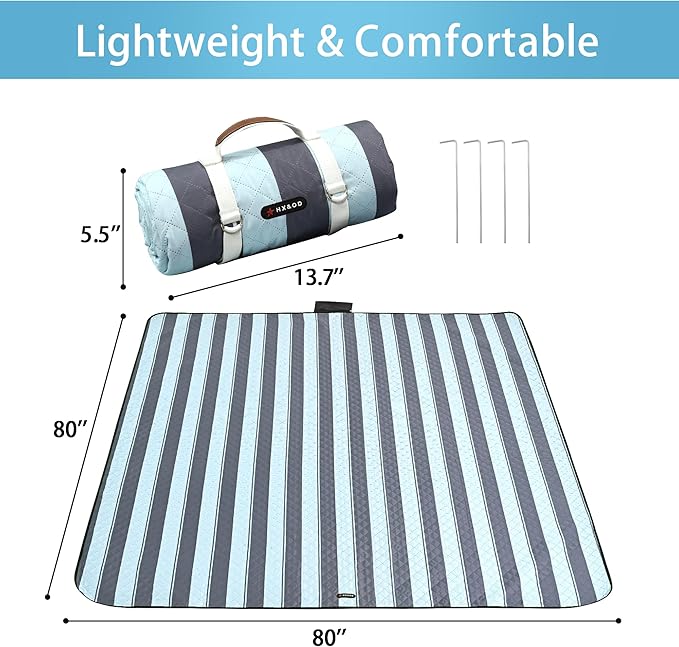 HX&OD Outdoor Picnic Blanket Extra Large, 80''*80'' Waterproof Picnic Mat with Stakes Foldable Camping Blanket Portable with Carry Strap for Beach Mat (Grey& Green, 80''*80'')-BubblyBeeBaby