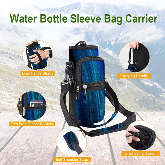 25/32/40/64oz Water Bottle Bag Holder Carrier-Insulated Crossbody Sling Case Sleeve with Strap & Pockets for Men Women Gym Cycling Travel Walking Hiking Camping-BubblyBeeBaby