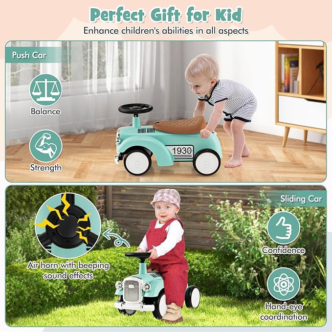 HONEY JOY Ride On Push Car, Outdoor Toddler Riding Toys w/Steering Wheel, Horn & Storage, Foot-to-Floor Sliding Car, No Batteries, Retro Baby Ride On Toys for Boys and Girls (Green)-BubblyBeeBaby