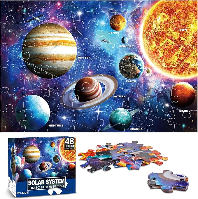 Jumbo Floor Puzzle for Kids Ages 4-8,Solar System Jigsaw Puzzles,48 Piece Space Large Puzzles for Toddler Ages 3-5,Preschool Learning Planets Toys Christmas Birthday Gift for Boys Girls-BubblyBeeBaby