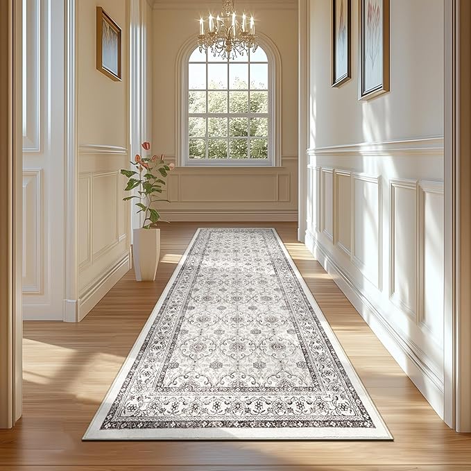 jinchan Hallway Runner Rug 2x8 - Machine Washable Beige Vintage Floral Distressed Design Soft Non-Slip Low-Pile Ultra-Thin Runner Rug for Kitchen Laundry Room Bedroom Farmhouse (2‘x8',Beige)-BubblyBeeBaby