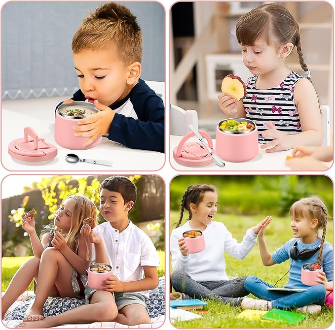 14oz Insulated Vacuum Food Jar with Buckle Lid,Soup Thermo for Hot Food Kids,Wide Mouth Leakproof Stainless Steel Lunch Container with Spoon-Pink-BubblyBeeBaby