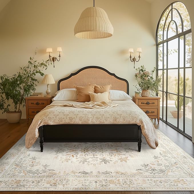 jinchan Vintage Floral 8x10 Area Rugs for Living Room - Machine Washable Distressed Design Soft Throw Rug Thin Non-Slip Large Carpet for Bedroom Nursery Dining Room Home Office (8x10ft,Light Grey)-BubblyBeeBaby