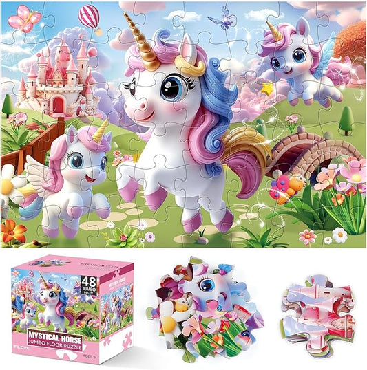 Jumbo Floor Puzzle for Kids,48 Piece Unicorn Large Jigsaw Puzzles,Puzzle for Toddler Ages 3-5,Fun Educational Preschool Learning Toy Gift for Boys & Girls Ages 4-8-BubblyBeeBaby
