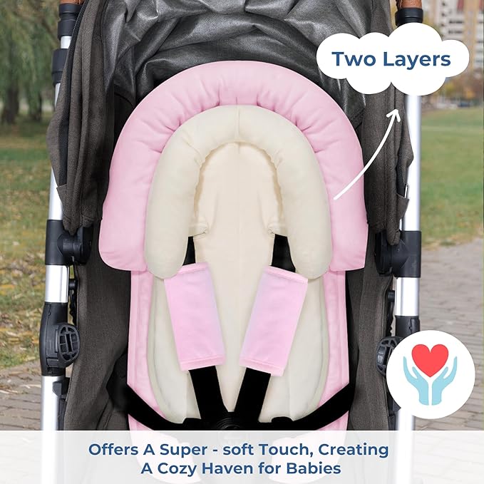 COOLBEBE New Babybody Support & Strap Covers Set for Newborn Infant Toddler- Extra Soft Stroller Cushion Pads Car Seat Insert, Perfect for Carseats, Strollers, Swings, Pink-BubblyBeeBaby