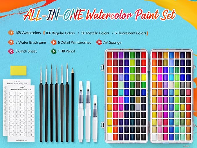 168 Colors Watercolor Paint Set with 4 Brushes, Portable Travel Water Color Kit with Carrying Case, Palette and Accessories, Non-Toxic Art Supplies Gift for Artists Adult Teen Kids Girls-BubblyBeeBaby