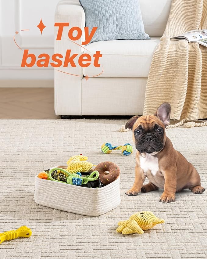 KALLAX Small Woven Basket, 12 x 8 x 4.5 Inches, Storage Basket for Organizing, Cute Small Rope Shelf Closet Cube Storage Bins Baskets for Shelves, Dog Toy Gift Baskets Empty, 3 Packs, Off White-BubblyBeeBaby