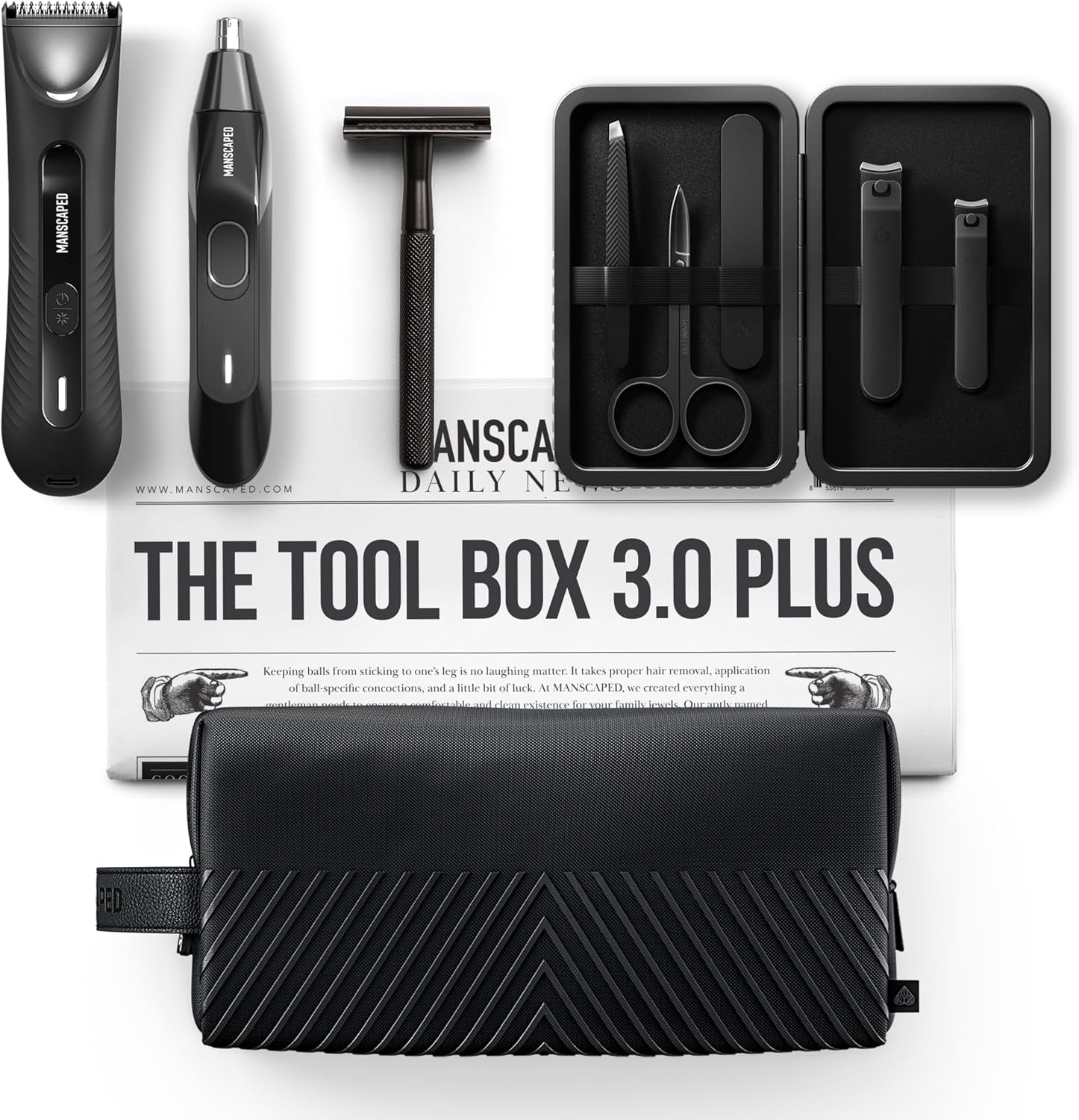 MANSCAPED® Tool Box 3.0 Plus with: The Lawn Mower® 3.0 Plus Groin Hair Groomer, Weed Whacker® 2.0 Nose Hair Trimmer, The Plow® 2.0 Razor, The Shears 3.0 Five Piece Nail Kit, The Shed 2.0 Toiletry Bag