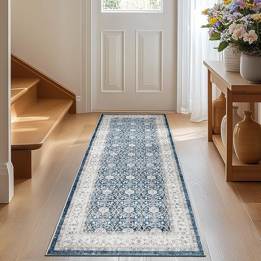 jinchan Runner Rug 2x7 - Machine Washable Dark Blue Vintage Floral Distressed Design Soft Non-Slip Low-Pile Ultra-Thin Runner Rug for Kitchen Hallway Laundry Room Entryway Farmhouse (2‘x7',Dark Blue)-BubblyBeeBaby