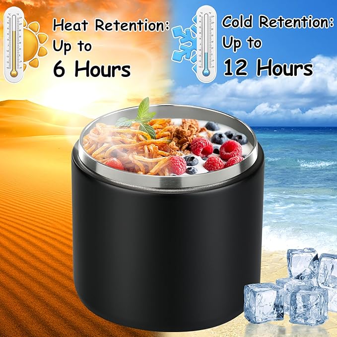 19oz Insulated Vacuum Food Jar with Buckle Lid Wide Mouth Soup Thermo for Hot Food Kids Leakproof Stainless Steel Lunch Container- Black-1Pack-BubblyBeeBaby