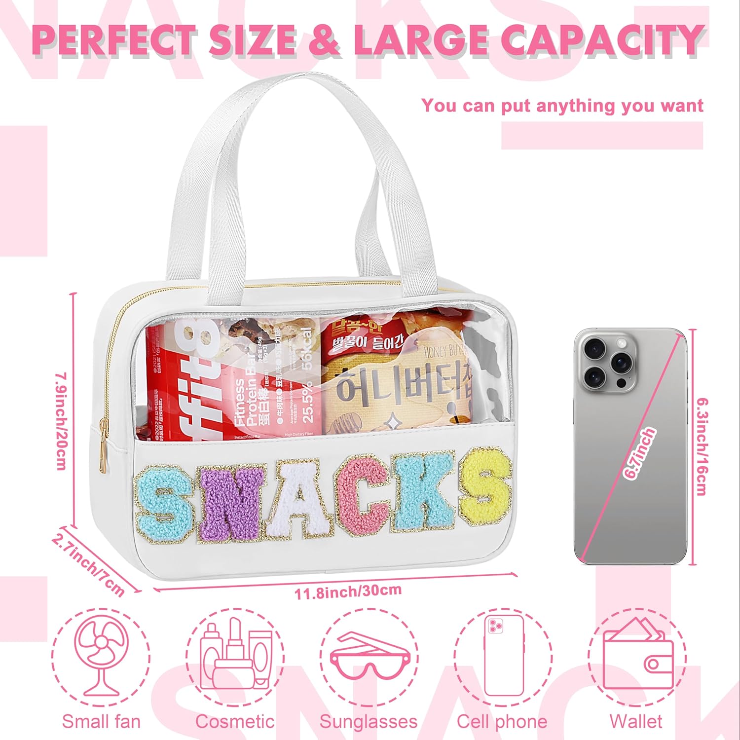 Snack Bag for Travel - Chenille Letter Clear Makeup Bag, Large Preppy Patch Snack Cosmetic Bag with Handle and Zipper, Cute Makeup Pouch Nylon&PVC Waterproof Toiletry Organizer Storage for Women Girls