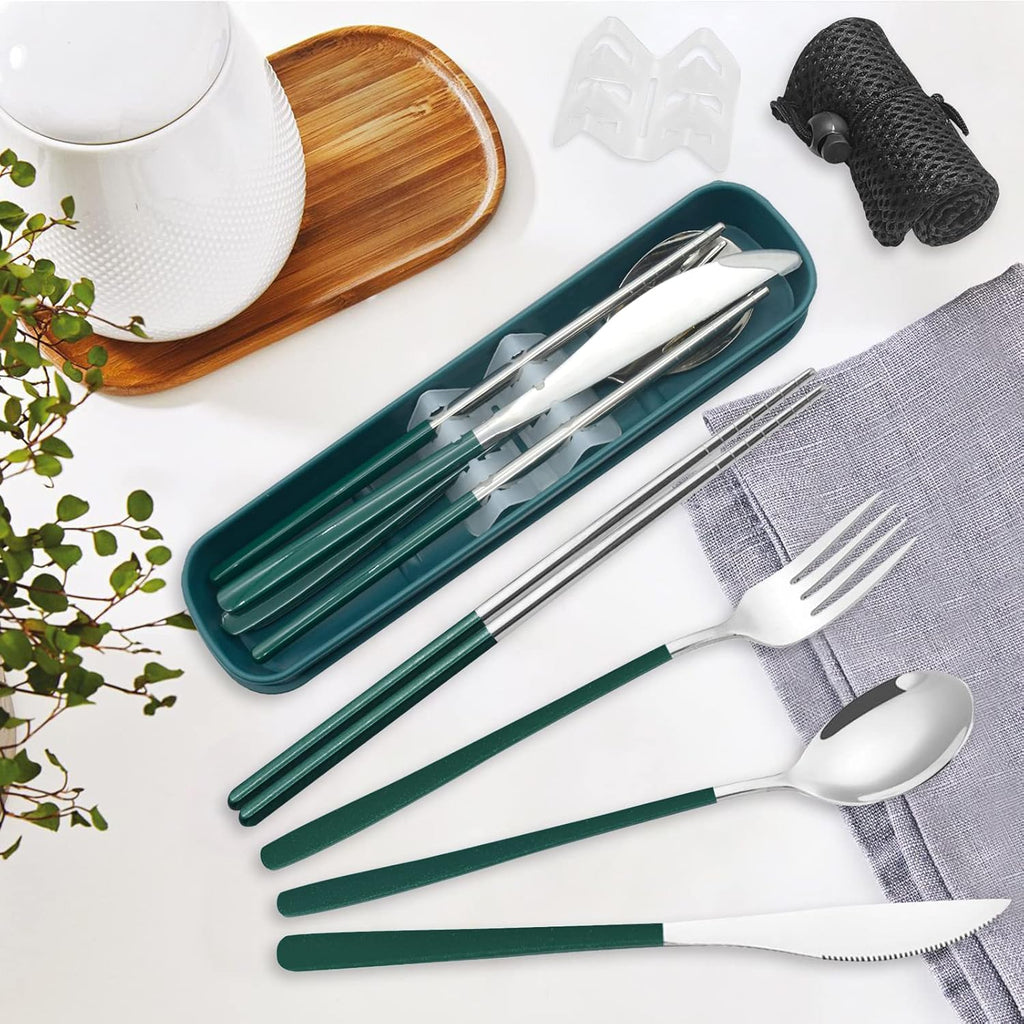 Portable Travel Camping Cutlery Set, TWUTGAYW Silver Green Reusable Flatware Silverware, Stainless Steel Cutlery Set, Portable Chopsticks Knife Spoons Forks Set for Camping Picnic Lunch Daily Use