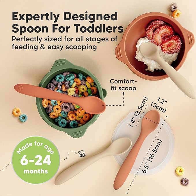 KeaBabies Silicone Baby Spoons, Self Feeding 6-12 months - 3-Pack Baby Weaning Eating Utensils,Toddler First Food Training Spoon,Infant,Kids Feeding Supplies Essential Set,Dishwasher-safe (Terracotta)-BubblyBeeBaby