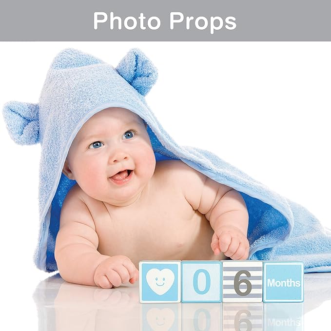 I'm Solid Wood Monthly Weekly Yearly Milestone Age Blocks, Newborn Gifts & Keepsakes for Picture Props (4 Pcs/Blue)-BubblyBeeBaby
