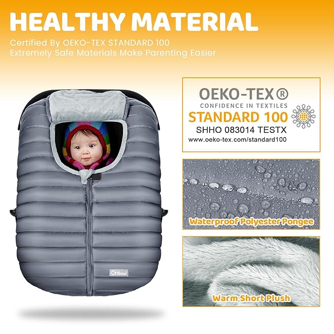 Orzbow Winter Car Seat Cover - Baby Car Seat Cocoon Cover for Boys & Girls, Warm Carseat Canopy Cover to Protect Baby from Wind, Rain & Snow, Waterproof, Universal Fit for Infant Car Seat, Grey-BubblyBeeBaby