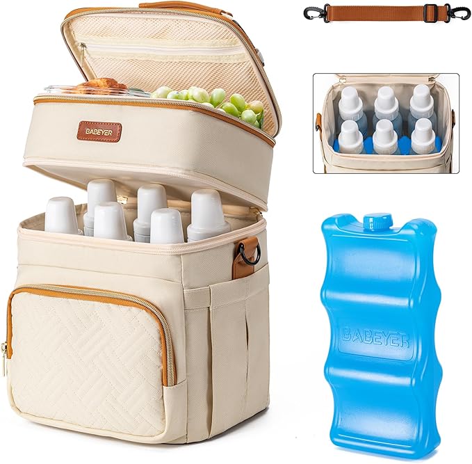 Insulated Breastmilk Cooler Bag with Ice Pack - Holds 6x9oz Bottles, Leakproof Double Layer, Baby Bottle Cooler Bag with Adjustable Strap for Nursing Moms, Daycare & Travel-BubblyBeeBaby