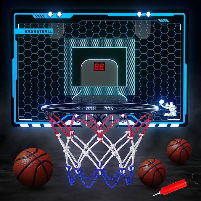 HopeRock Indoor Mini Basketball Hoop for Kids, Basketball Hoops Over The Door with LED Lighting, Mini Hoop with Scoreboard & 3 Balls, Basketball Toys Gifts for 5 6 7 8 9 10 11 12 Year Old Boys Girls-BubblyBeeBaby