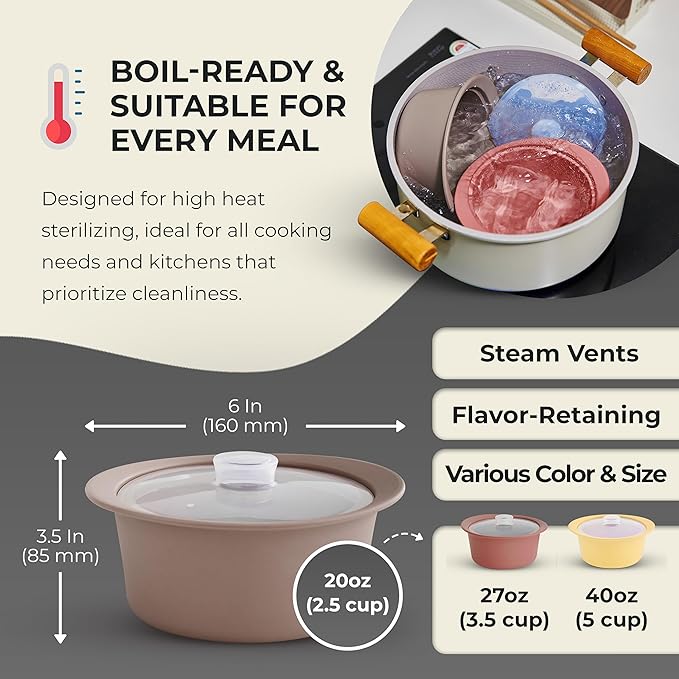 20oz Platinum Silicone Microwave Steamer Pot with Handle & Lid - Korea 100% Food-Grade Steamer Bowl, Heat-Resistant Cooker with Steam Holes, Easy Clean, Dishwasher Safe, Taupe Brown-BubblyBeeBaby