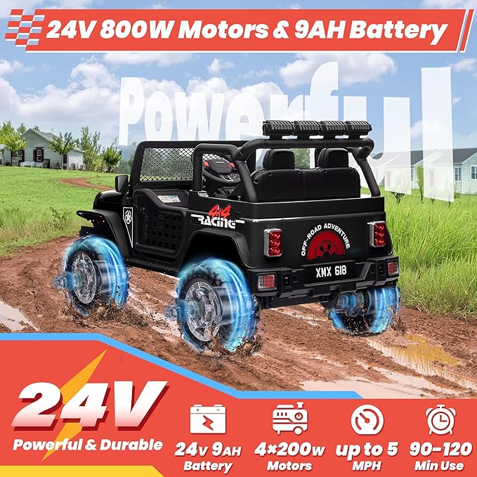 24V 4WD Ride on Truck Car w/800W Motors, Gift Flower, Remote Control, 2 Seaters, Light Bar, 3 Speeds, Pop Music, Power Four Wheels, 24 Volt Ride on Toy Car for Big Kids, Black-BubblyBeeBaby