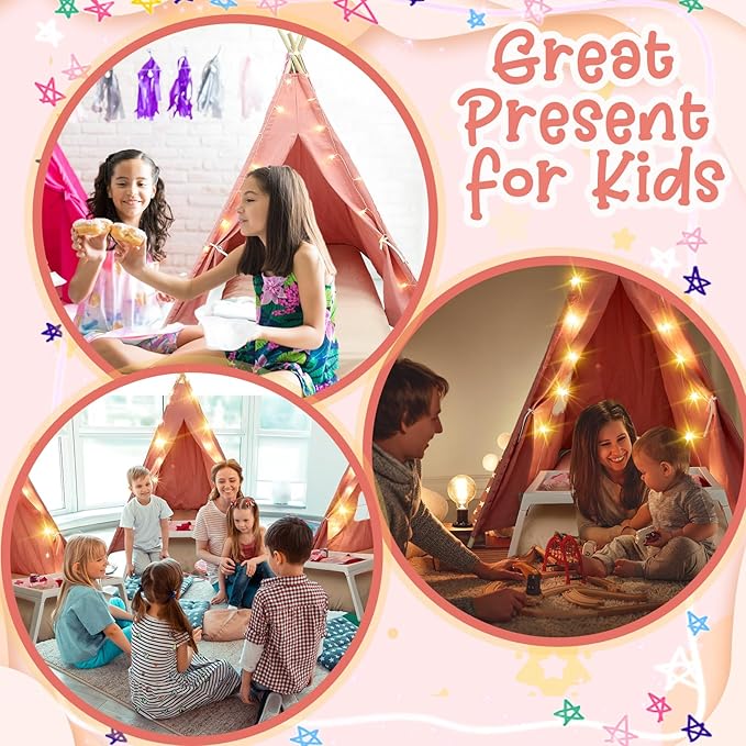 2 Pack Kids Teepee Tent with Mattress,Fitted Sheet,Light String,Washable Natural Cotton Toddler Play Tent for Girls Boys Indoor Outdoor Sleepover Slumber Birthday Party(Pink)-BubblyBeeBaby