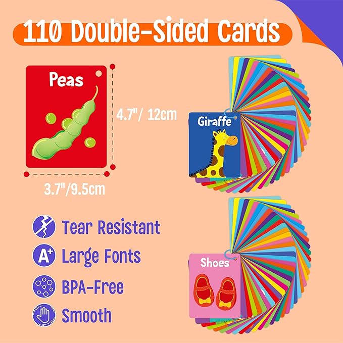 110 PCS Sight Word Flashcards, Double Sided Cards- Alphabet, Foods, Animals, Home Object with 4 Reclosable Rings, Early Learning Tool for Pre-K Kindergarten Toddlers-BubblyBeeBaby