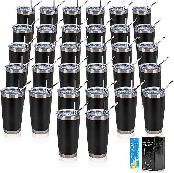 IEOVIEE 32 Pack 20oz Stainless Steel Bulk Tumblers with Lids and Straws Double Wall Insulated Travel Mug Durable Powder Coated Tumbler Bulk Cup for Cold and Hot Drinks(Black)-BubblyBeeBaby
