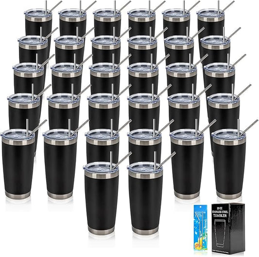 IEOVIEE 32 Pack 20oz Stainless Steel Bulk Tumblers with Lids and Straws Double Wall Insulated Travel Mug Durable Powder Coated Tumbler Bulk Cup for Cold and Hot Drinks(Black)-BubblyBeeBaby