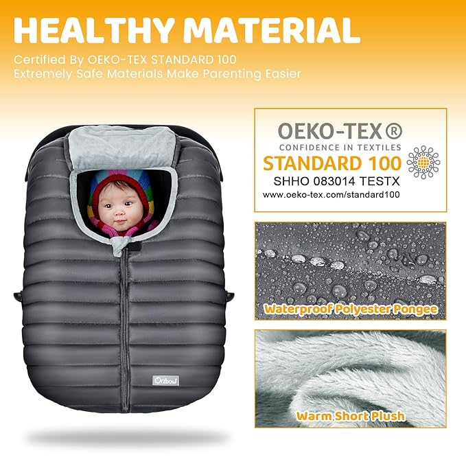 Orzbow Winter Carseat Cover for Baby, Baby Car Seat Cover for Boys & Girls, Warm Infant Car Seat Covers for Cold Weather, Rain & Snow Repellent, Waterproof, Universal Fit, Newborn Must Have, Dark Grey-BubblyBeeBaby