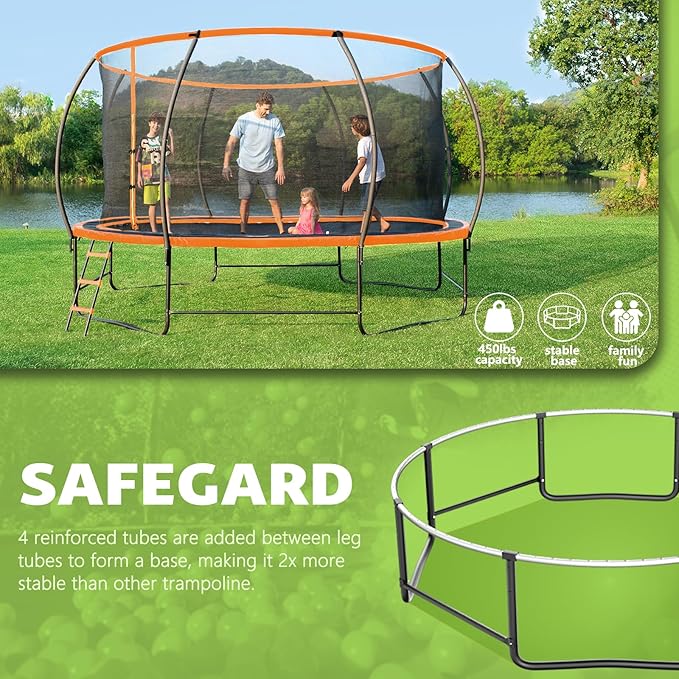 14FT 12FT 10FT 16FT Trampoline with Safety Enclosure, Anti-Rust Coating – ASTM Certified, Heavy-Duty Outdoor Trampoline with Ladder – for Kids & Adults-BubblyBeeBaby