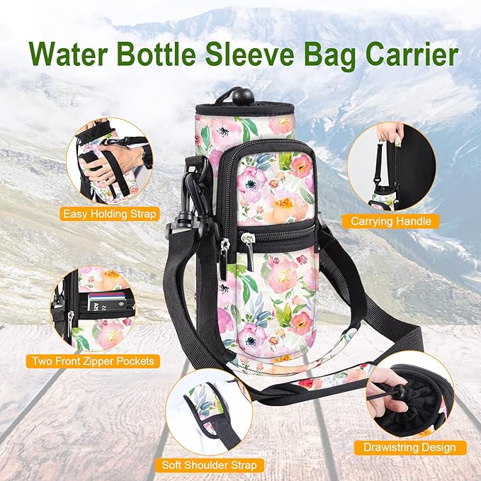 25/32/40/64oz Water Bottle Bag Holder Carrier-Insulated Crossbody Sling Case Sleeve with Strap & Pockets for Men Women Gym Cycling Travel Walking Hiking Camping-BubblyBeeBaby