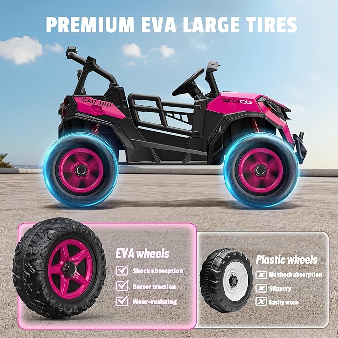 24V 2 Seater Ride on Car Truck, 4x200W, EVA Tires, 4WD/2WD, Rainbow Lights, Remote Control, Shock Absorbers, Bluetooth, Ride On UTV Toy for Kids Ages 3-8, Pink-BubblyBeeBaby