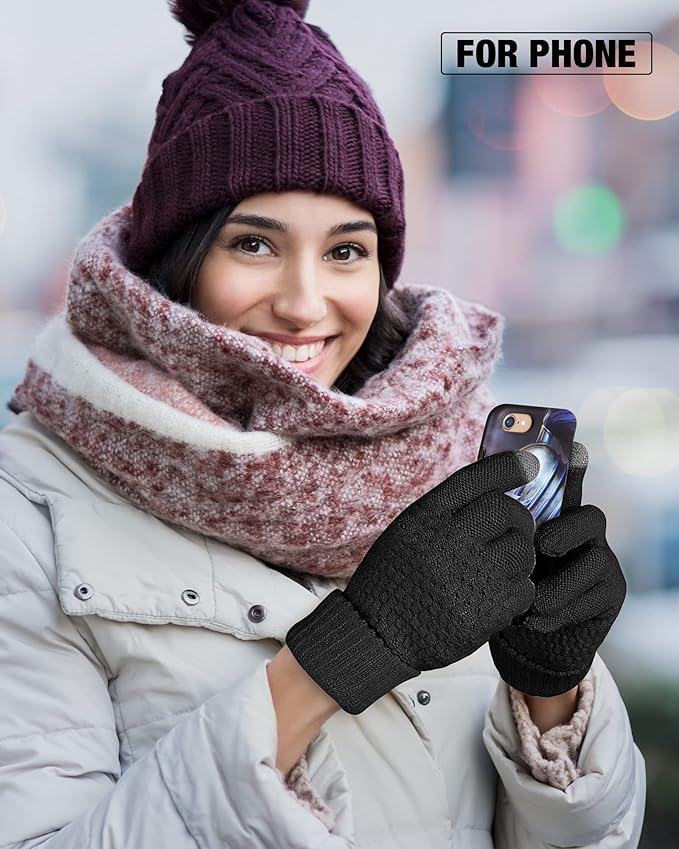 Geyoga 2 Pairs Women's Winter Touch Screen Gloves Soft Warm Fleece Lined Knit Elastic Cuff Winter Texting Gloves-BubblyBeeBaby