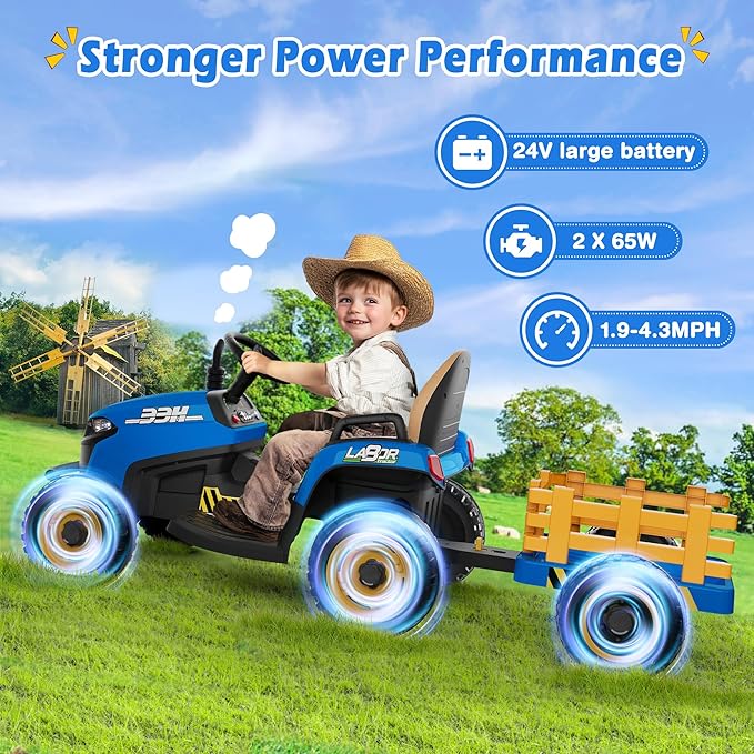24V Ride On Tractor w/Tiltable & Detachable Trailer, 2x65W Motors, EVA Tires, Remote Control, Bluetooth, Shifter, Music, Electric Car for Kids Ages 2-5, Blue-BubblyBeeBaby