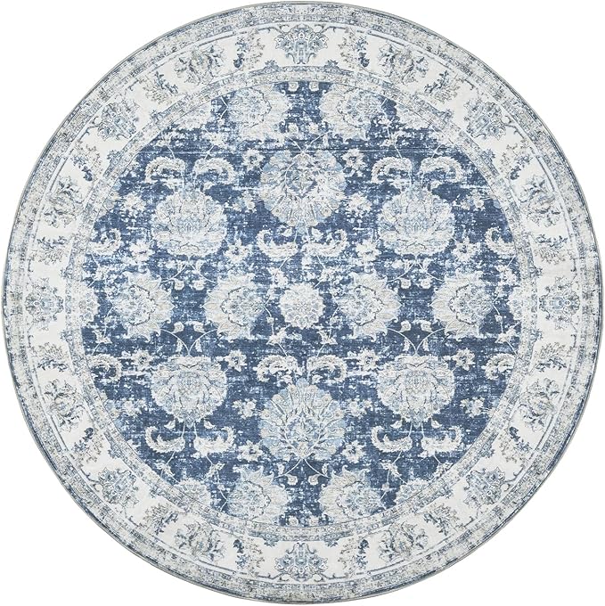 jinchan Round Rug 8ft Area Rug - Dark Blue Vintage Floor Mat Kitchen Indoor Ultra-Thin Soft Floral Print - Washable Circle 8' Retro Accent for Farmhouse Non Slip Dining Room Living Room Bedroom Office-BubblyBeeBaby