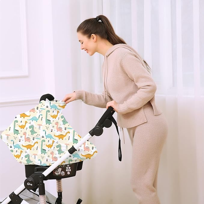 Multi-use Carseat Covers Breastfeeding Cover - Car Seat Covers for Babies, Stretchy Carseat Canopy Cover, Boys and Girls Shower Gifts (Colours Dinosaur)-BubblyBeeBaby