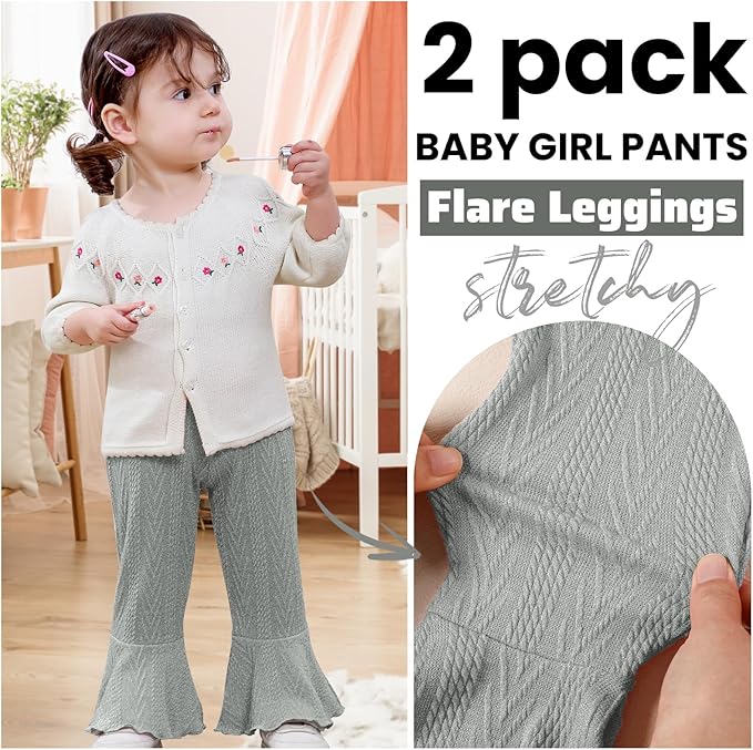 2 Pack Toddler Baby Girl Pants Flare Leggings Ribbed Knit Newborn Bell Bottoms Solid Ruffle Infant Pants for Girls-BubblyBeeBaby
