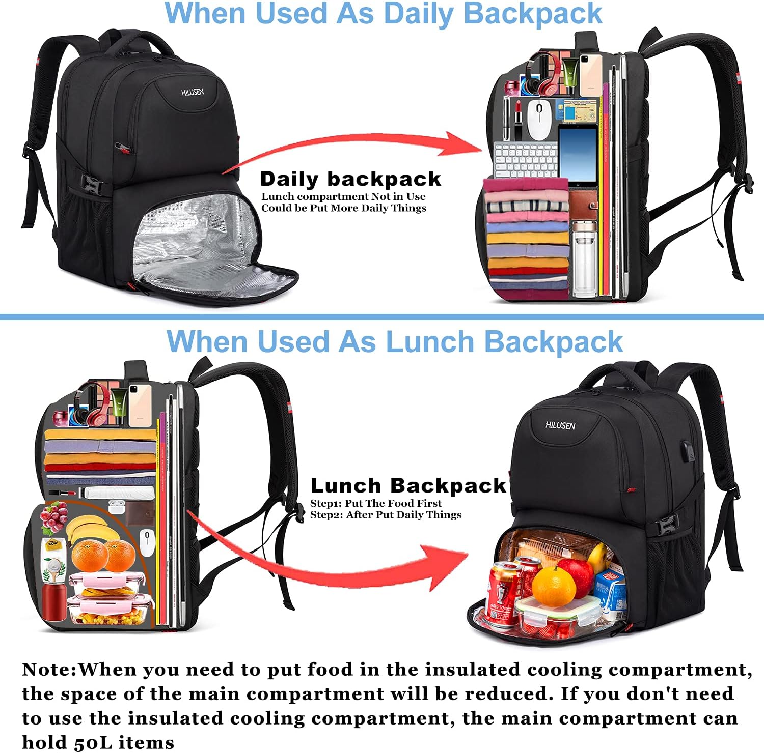 HILUSEN Extra Large Backpack for Men 50L, Insulated Cooler Lunch Box Backpack, Water Resistant 17inch Travel Laptop Work Bookbag with USB Charging Port,Black