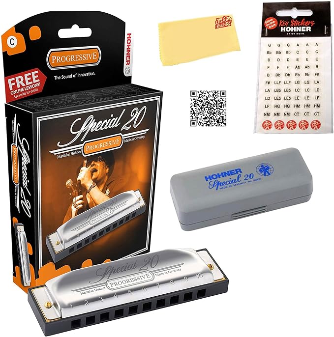 Hohner 560 Special 20 Harmonica - Key of B Bundle with Carrying Case, Key Stickers, Harmonica Beginner Online Manual, and Austin Bazaar Polishing Cloth-BubblyBeeBaby