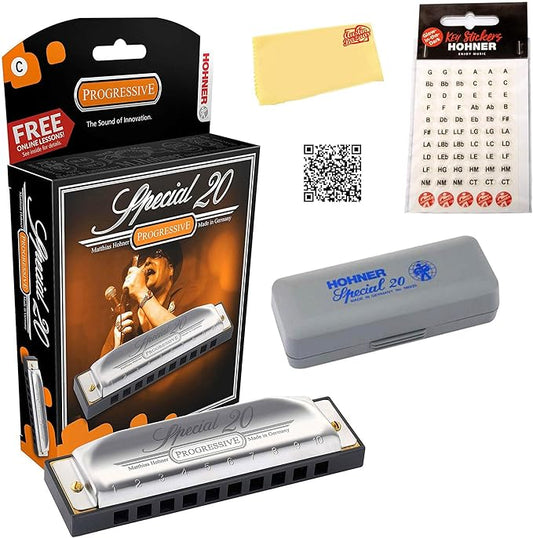 Hohner 560 Special 20 Harmonica - Key of B Bundle with Carrying Case, Key Stickers, Harmonica Beginner Online Manual, and Austin Bazaar Polishing Cloth-BubblyBeeBaby